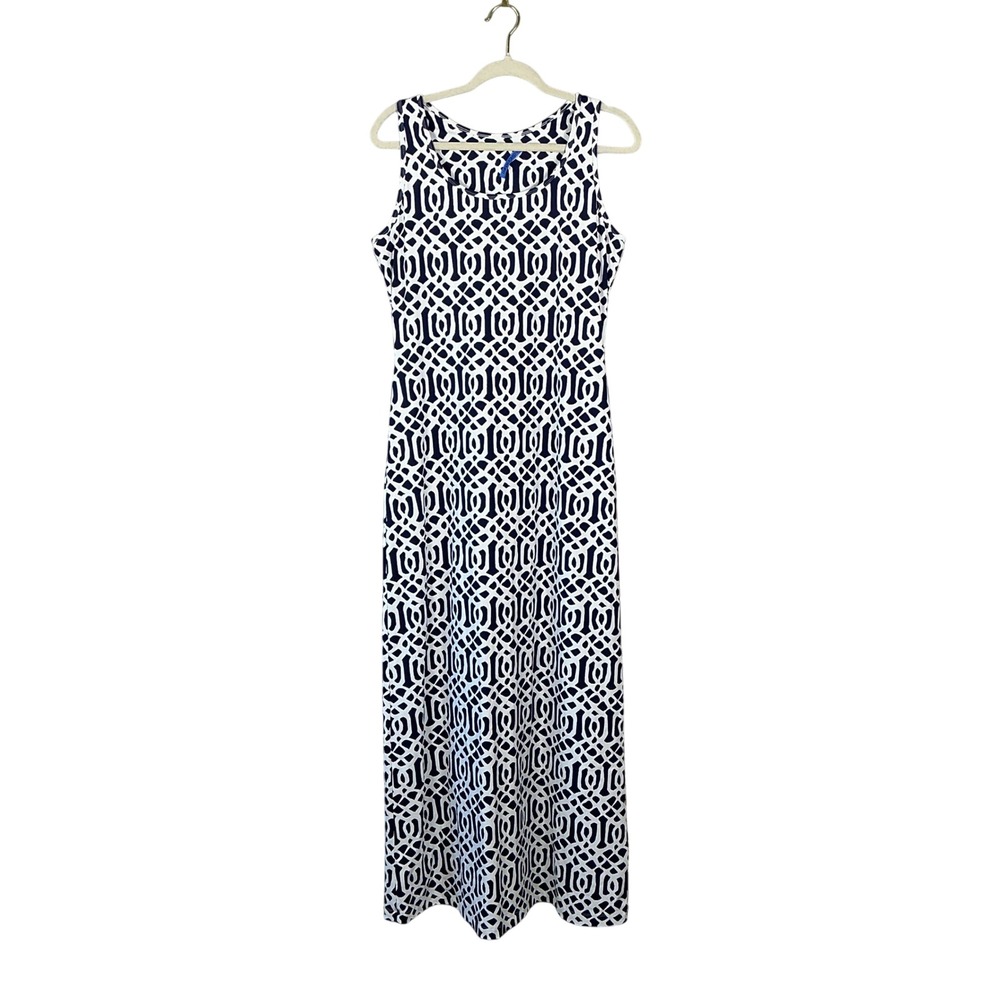 J.McLaughlin Navy White Geometric Trellis Sleeveless Maxi Dress Medium